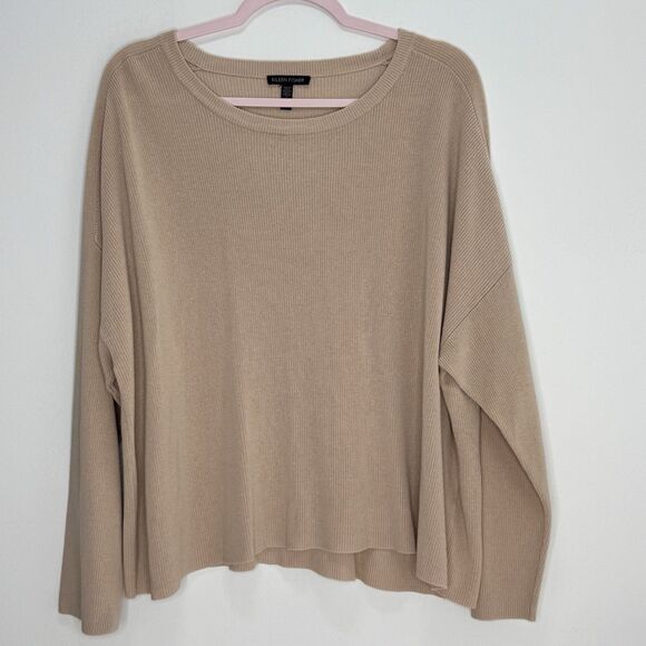 Eileen Fisher Ribbed Sweater Womens Beige 100% Tencel Lyocell Size XL Oversized - Picture 1 of 5